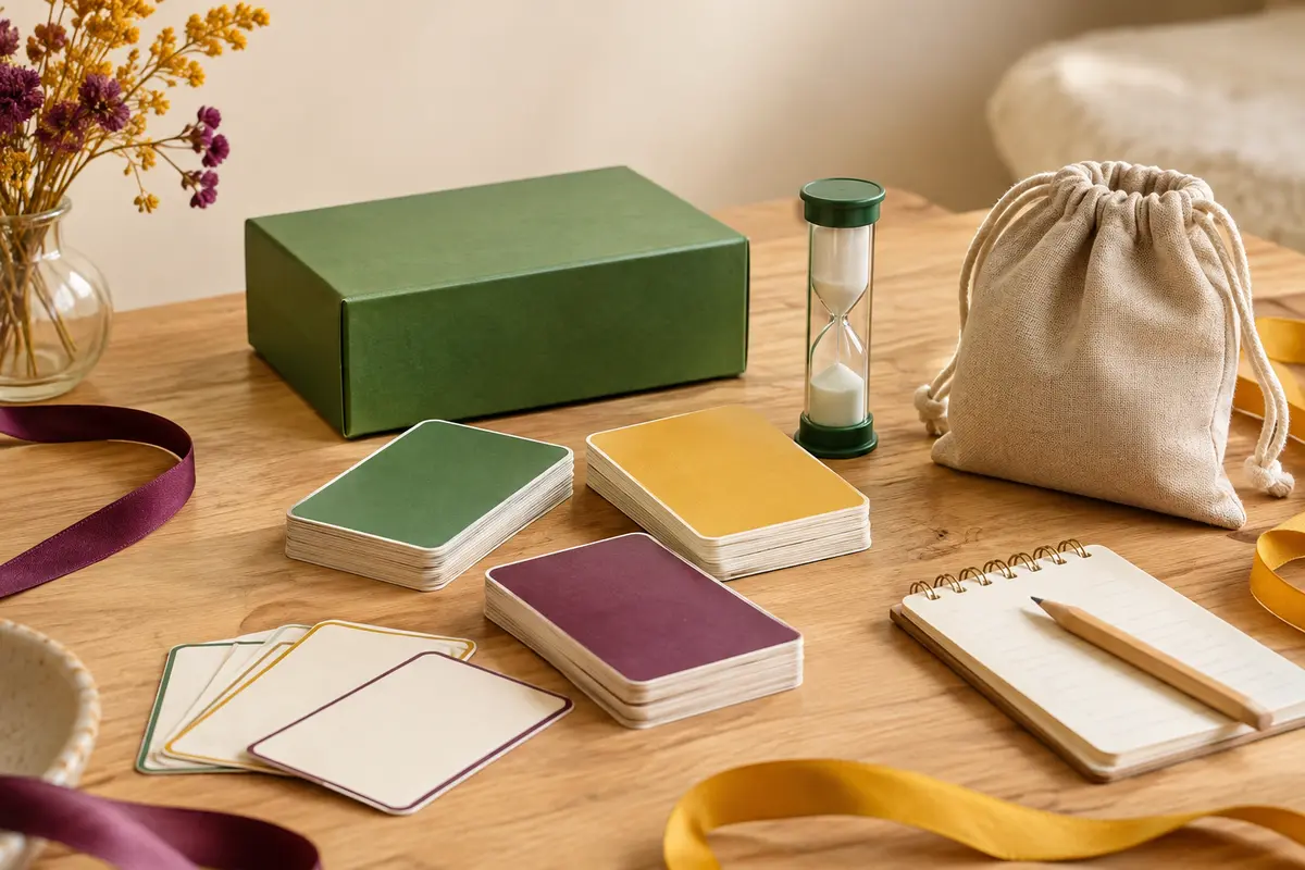Jeu de devinettes familial vert avec cartes en carton, sablier et sac de rangement sur une table en bois clair.