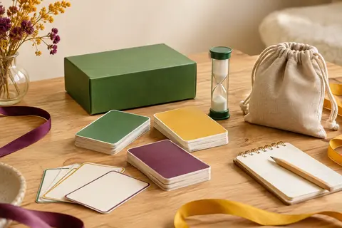 Jeu de devinettes familial vert avec cartes en carton, sablier et sac de rangement sur une table en bois clair.