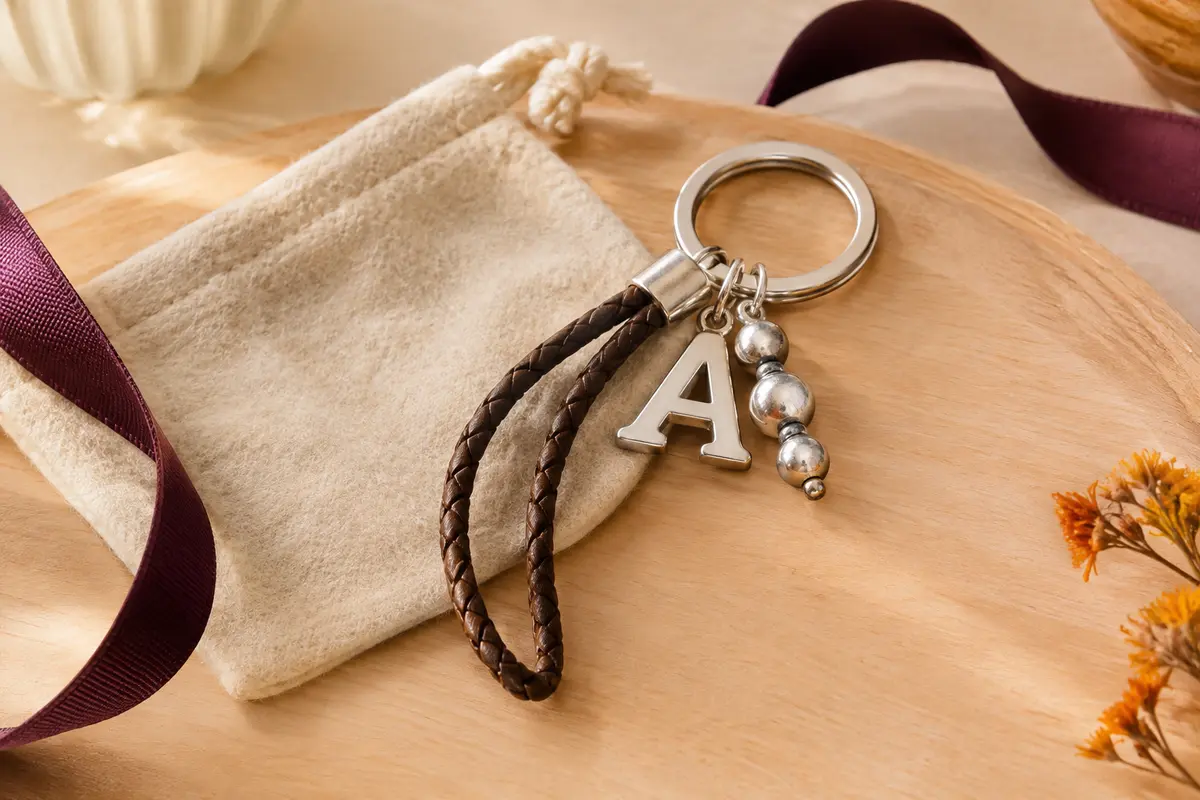 Porte-clés à initiale argentée avec cuir tressé marron, posé près de sa pochette en flanelle