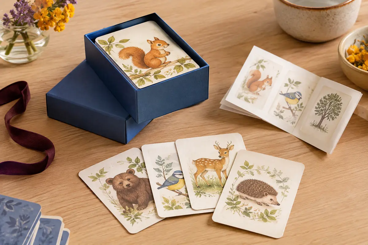 Boîte bleue de jeu de cartes pour enfants accompagnée de cartes et de la règle sur une table en bois clair.