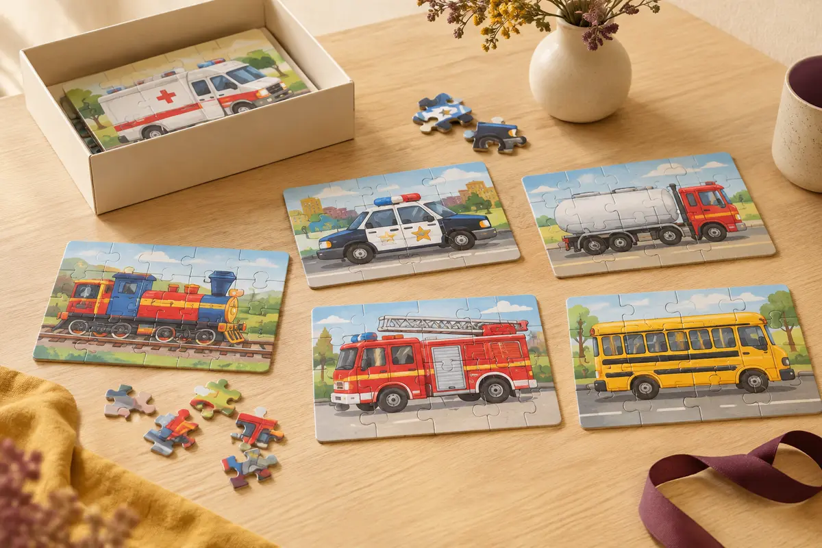 Six puzzles pour enfant illustrés de véhicules, disposés avec quelques pièces sur une table en bois clair.