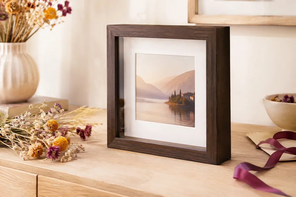 Cadre photo 3D carré couleur chêne truffe, garni de fleurs séchées et posé sur un meuble clair.