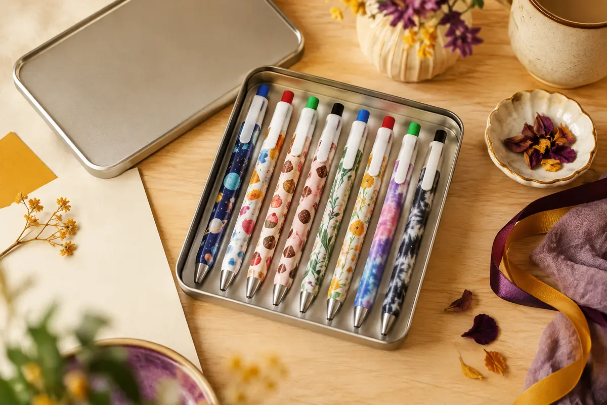 Boîte métallique ouverte avec huit stylos bille rétractables BIC 4 Couleurs aux décors multicolores.