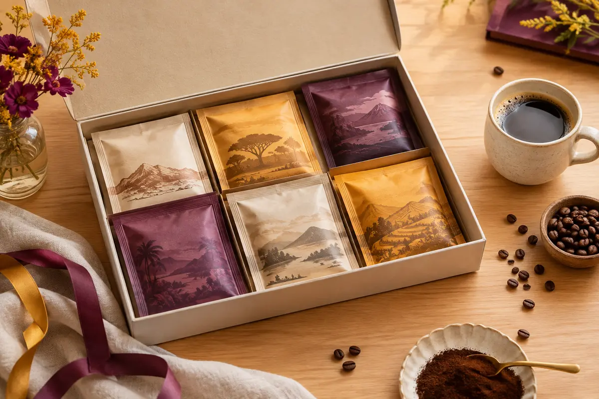 Coffret de six sachets de café moulu présenté sur une table en bois clair avec une tasse