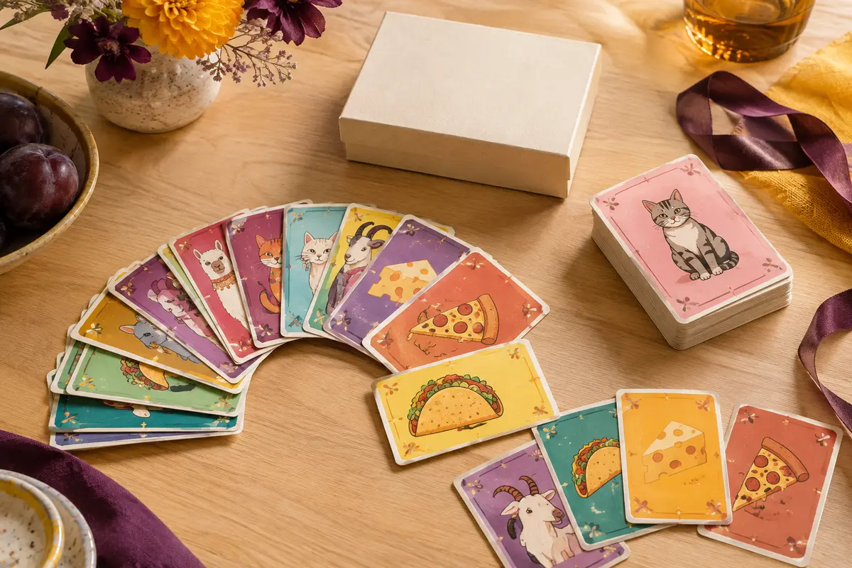 Cartes multicolores illustrées de nourriture et d’animaux, disposées sur une table en bois clair.