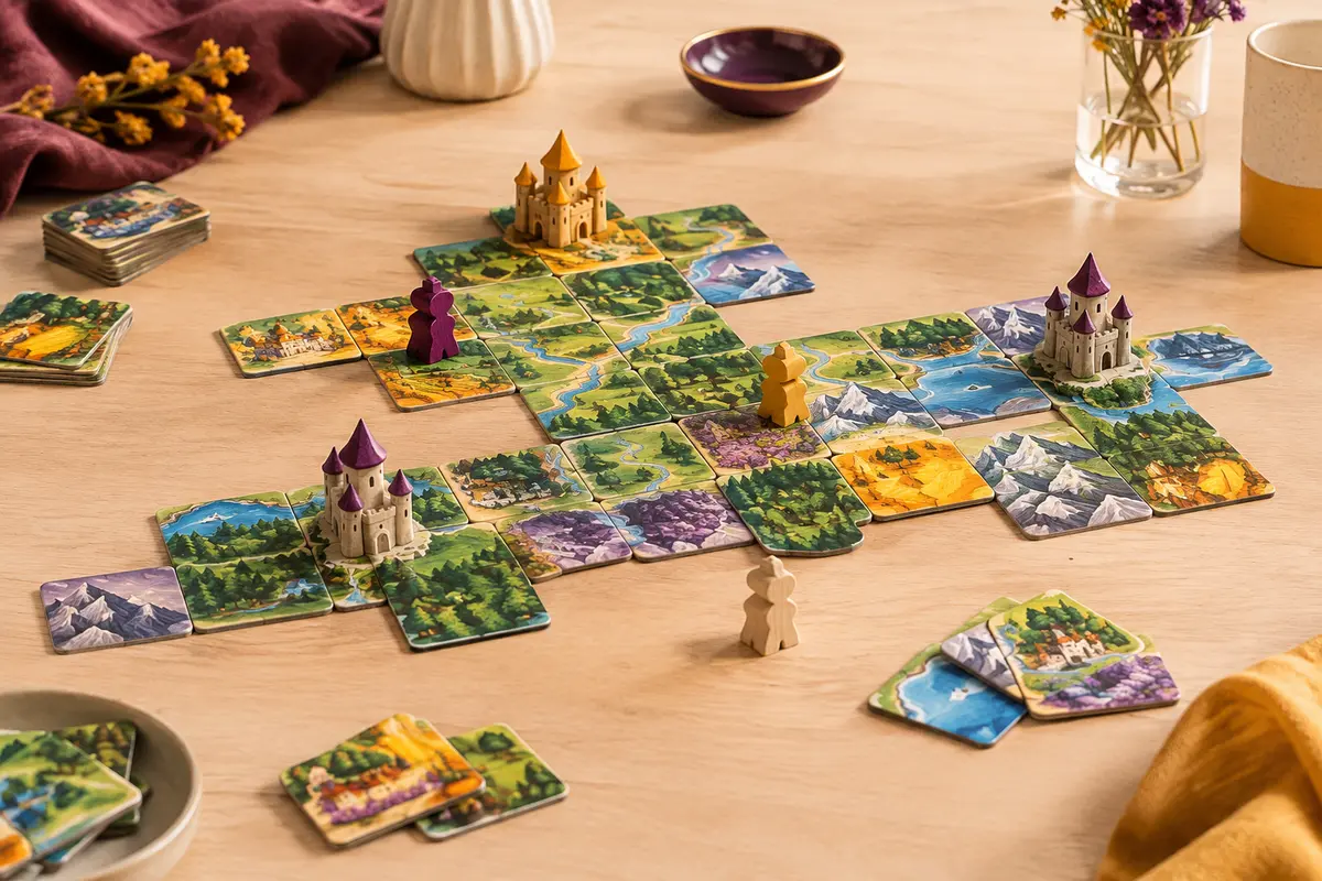Dominos de paysages, châteaux en trois dimensions et rois en bois sur une table claire.