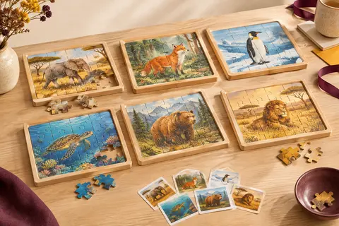 Six puzzles en bois illustrés d’animaux, présentés dans leurs plateaux avec des pièces et des fiches modèles.
