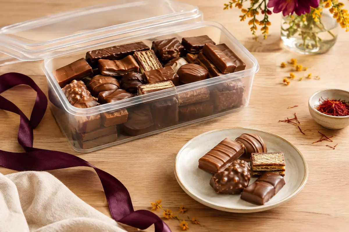 Boîte refermable de chocolats assortis présentée ouverte sur une table en bois clair
