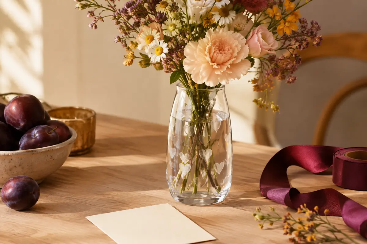 Vase transparent gravé de cœurs posé sur une table en bois clair avec un bouquet délicat