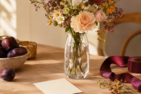 Vase transparent gravé de cœurs posé sur une table en bois clair avec un bouquet délicat
