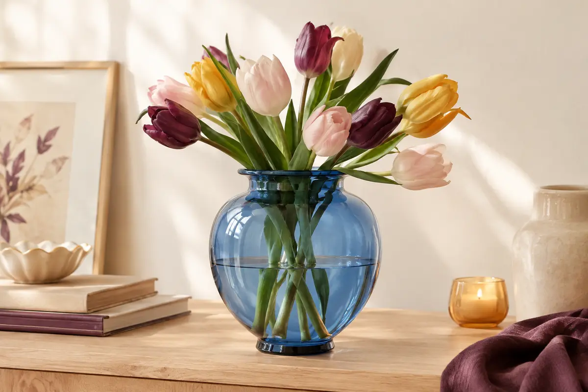Vase décoratif en verre bleu transparent garni de tulipes sur une console en bois clair.