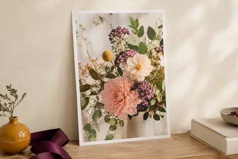 Affiche personnalisée A3 en papier mat, sans cadre, présentée sur une console en bois clair.