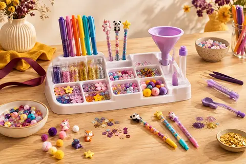 Station de création avec stylos colorés, perles, pompons et figurines sur une table claire.
