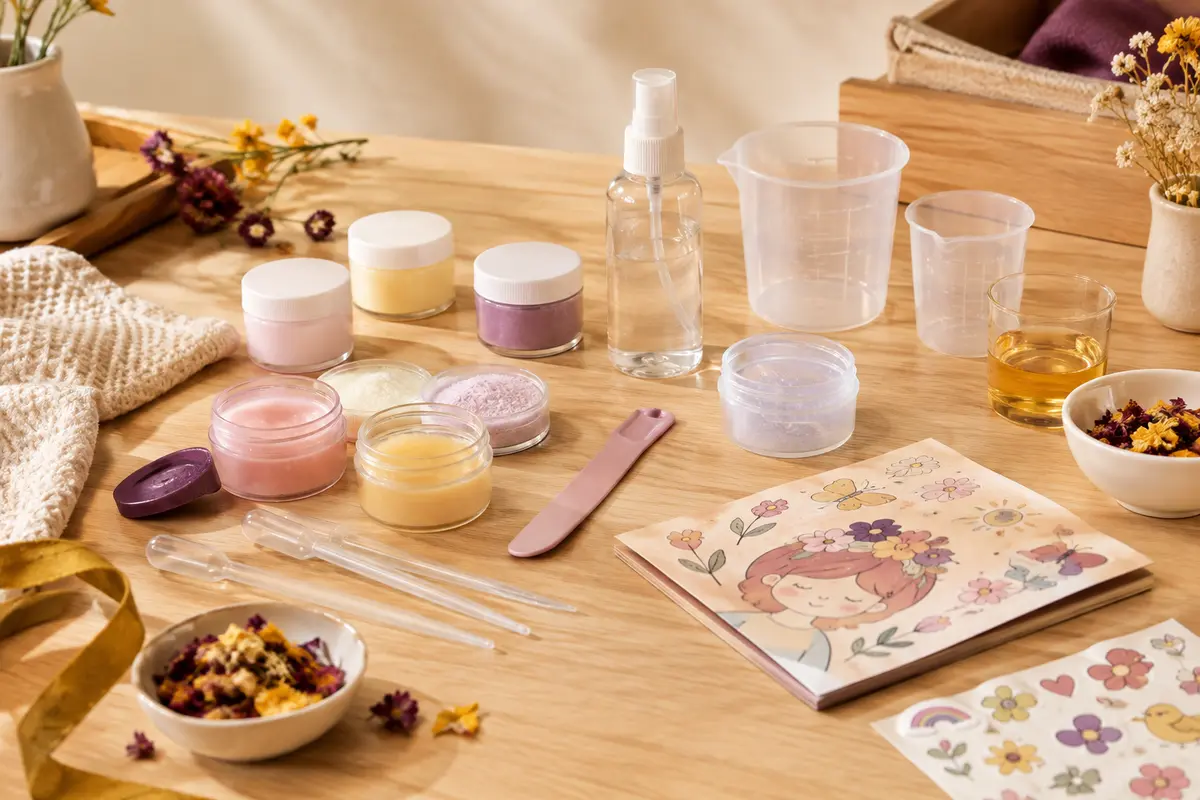 Kit de cosmétique créatif avec pots, vaporisateur, pipettes et accessoires sur un fond clair