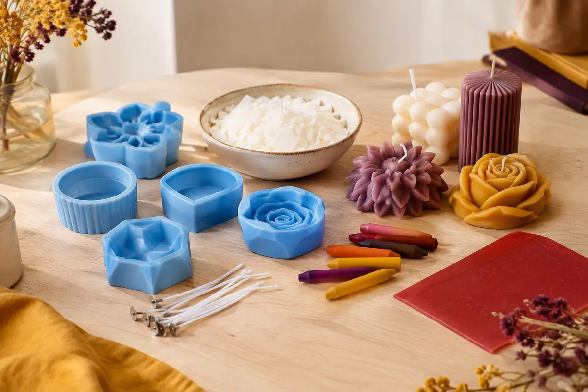 Kit de fabrication de bougies avec moules bleus, paraffine, mèches et décorations colorées sur bois clair.