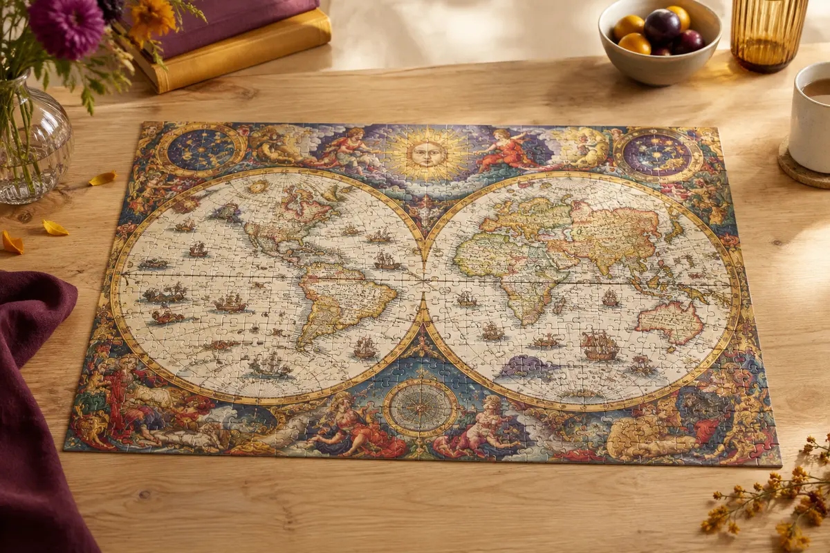 Puzzle assemblé de 2000 pièces représentant une carte du monde ancienne aux détails baroques, posé sur du bois clair.