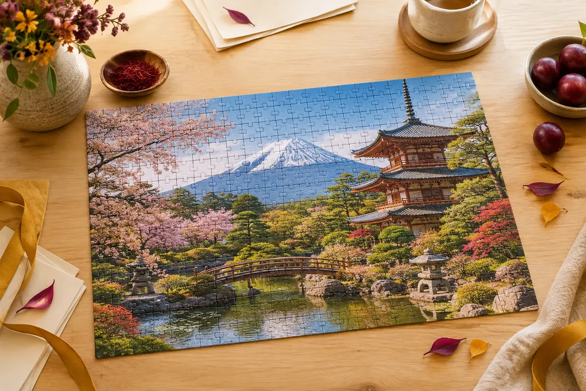 Puzzle de 1 000 pièces montrant un jardin japonais verdoyant et le mont Fuji en arrière-plan