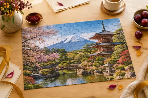 Puzzle de 1 000 pièces montrant un jardin japonais verdoyant et le mont Fuji en arrière-plan