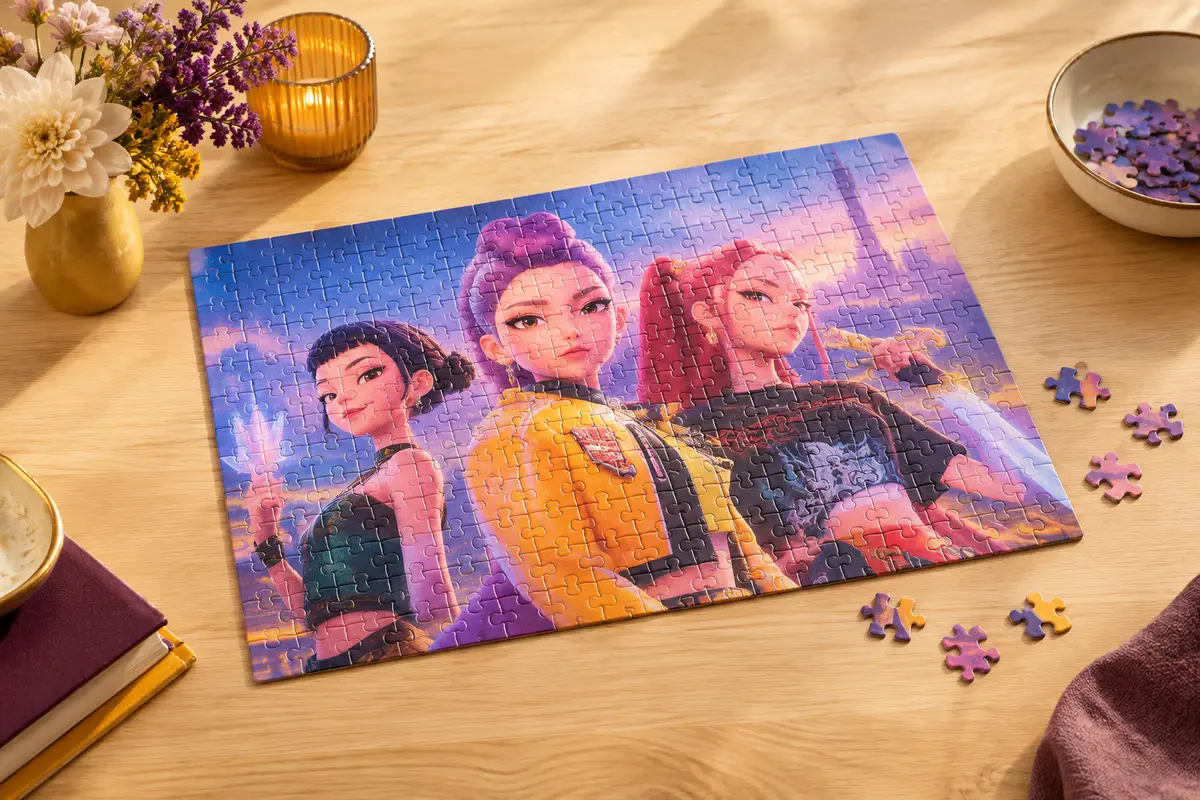 Puzzle Clementoni de 104 pièces assemblé, illustré sur le thème K-Pop Demon Hunters et posé sur une table claire.