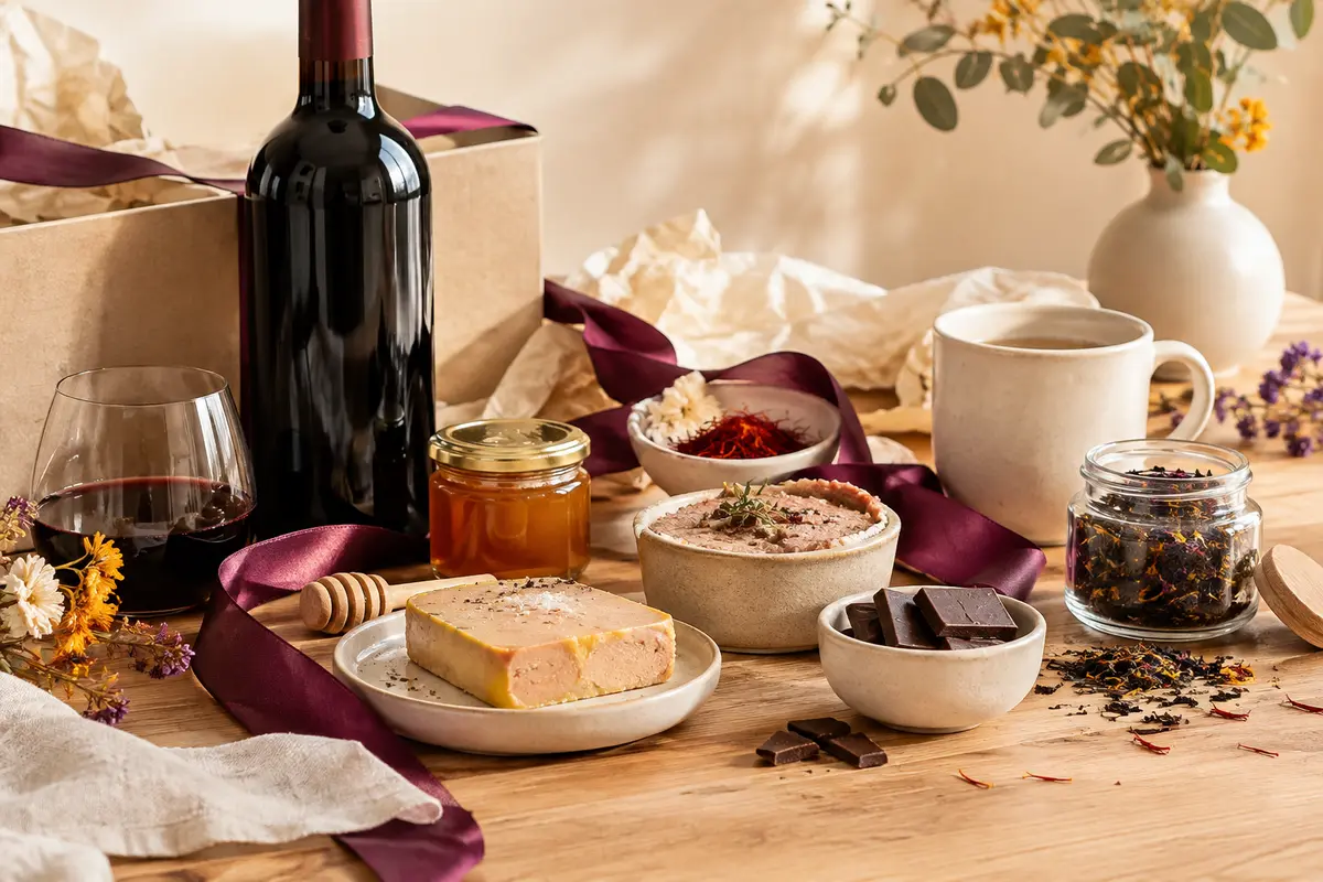 Coffret gourmand avec vin rouge, foie gras, terrine, miel, chocolat et thé sur une table claire