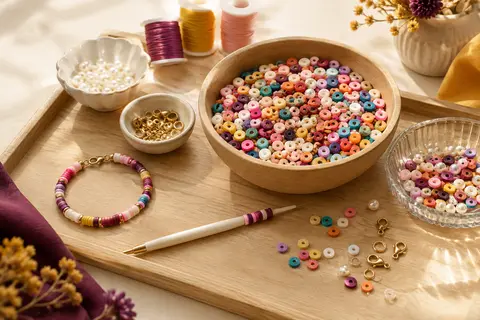 Atelier à bracelets Heishi en plastique avec stylo, perles colorées, fils et fermoirs sur fond clair