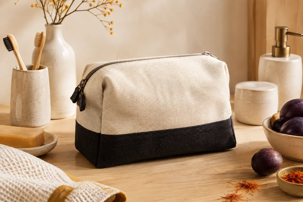 Trousse de toilette bicolore en coton écru et noir présentée sur un fond clair avec des accessoires