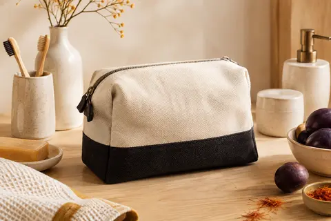 Trousse de toilette bicolore en coton écru et noir présentée sur un fond clair avec des accessoires