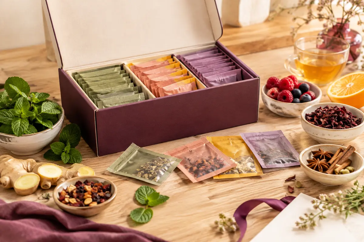 Coffret d’infusions bio avec sachets individuels et quelques plantes, fruits et épices sur un fond clair