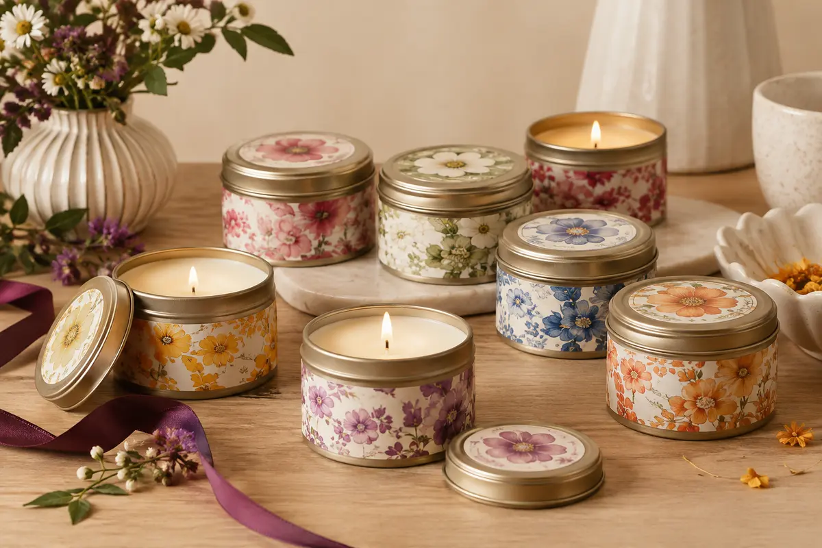 Huit bougies parfumées en pots métalliques ronds à couvercle et motifs floraux, sur un fond clair.