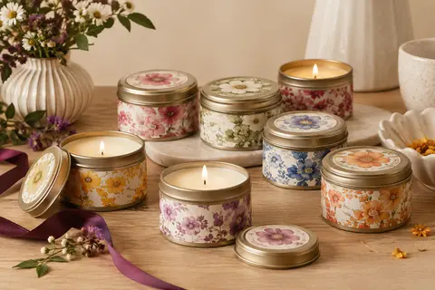 Huit bougies parfumées en pots métalliques ronds à couvercle et motifs floraux, sur un fond clair.