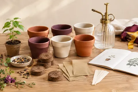 Kit de culture bonsaï avec pots, pastilles, sachets de graines, étiquettes et pulvérisateur sur fond clair