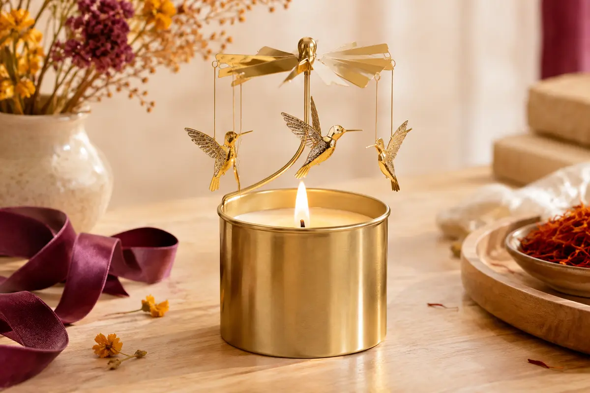 Bougie Curimama en récipient métallique avec décor de colibri rotatif et flamme parfumée à la rose