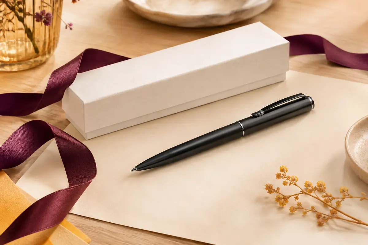 Stylo métallique noir satiné accompagné de son coffret cadeau blanc sur un fond de bois clair.