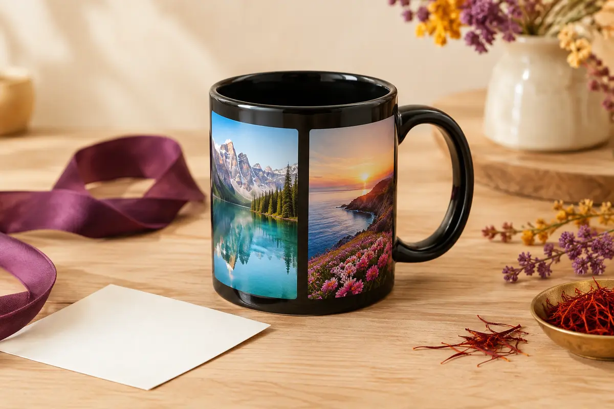 Mug noir en céramique personnalisé avec une image sur chaque face, posé sur une table en bois clair.