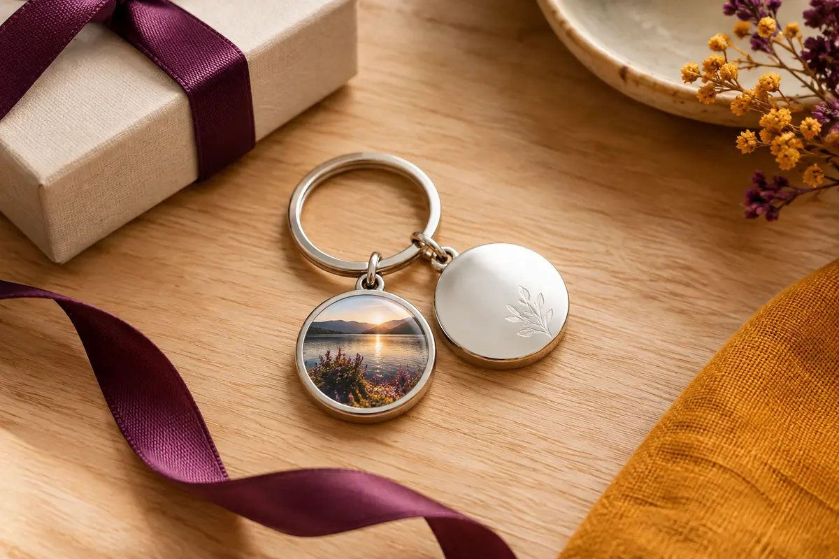 Porte-clés personnalisé en acier inoxydable avec photo en couleur, présenté sur bois clair près d’une boîte cadeau