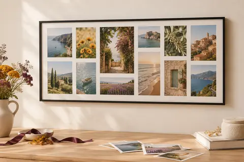 Grand cadre pêle-mêle noir mat avec passe-partout blanc et 18 photos décoratives, posé sur un mur crème.