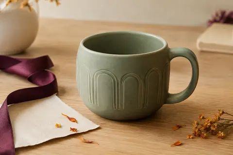 Tasse ronde en porcelaine vert poussiéreux à finition mate, posée sur une table en bois clair.