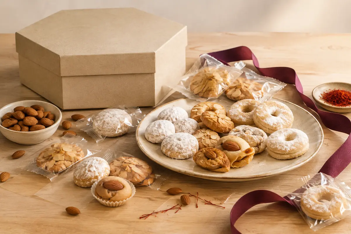 Assortiment espagnol de polvorones, biscuits aux amandes et roscos à l’anis dans une boîte hexagonale