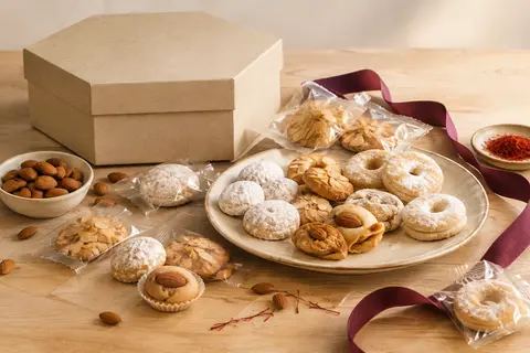 Assortiment espagnol de polvorones, biscuits aux amandes et roscos à l’anis dans une boîte hexagonale