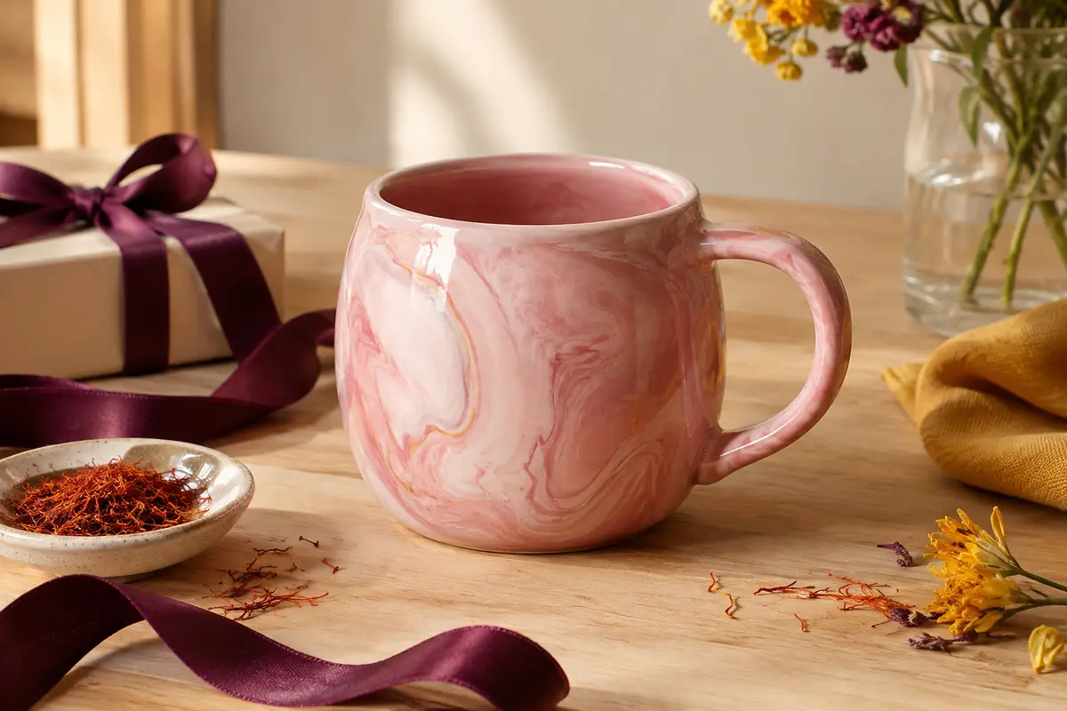 Mug en céramique rose marbré avec poignée, présenté sur une table en bois clair.