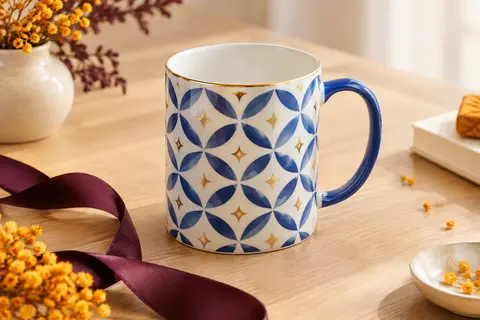 Mug en céramique blanche et bleue à motifs graphiques, posé sur une table en bois clair