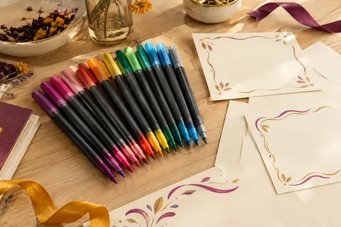 Douze marqueurs créatifs disposés près de cartes décorées de traits colorés et argentés