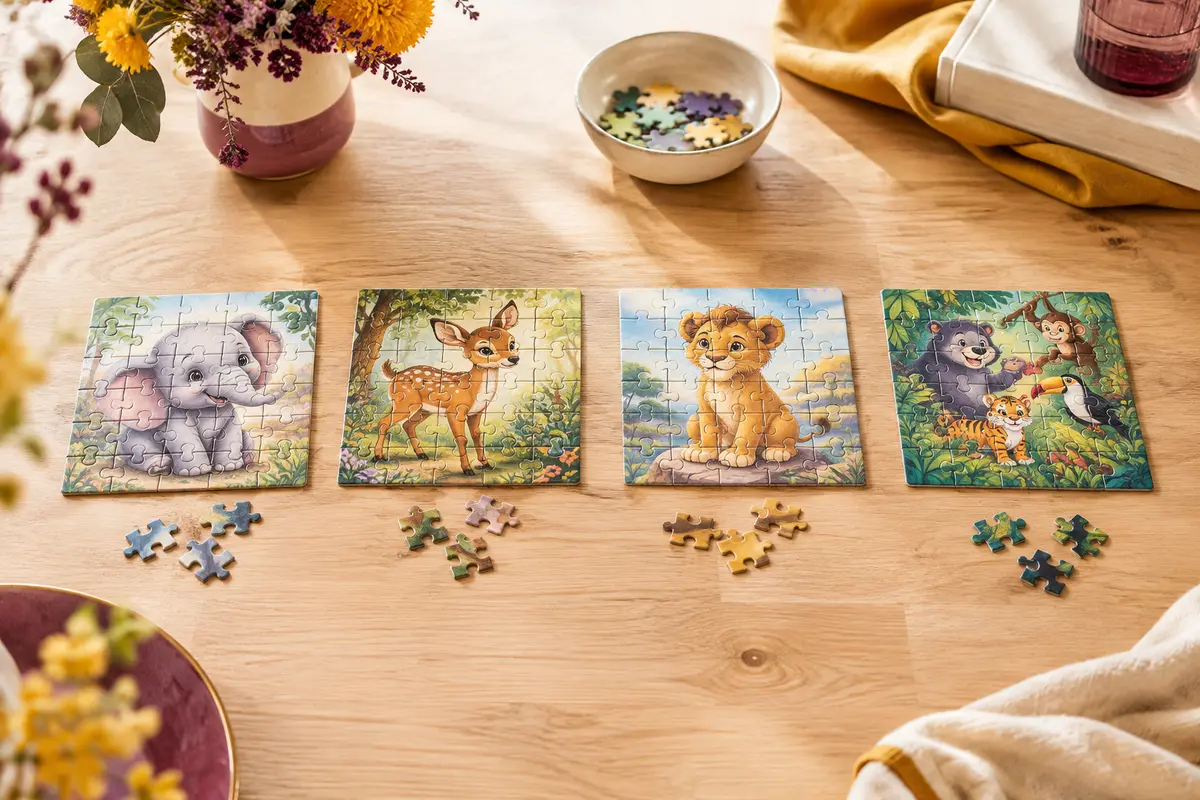 Quatre puzzles en carton aux illustrations d’animaux Disney posés côte à côte sur une table en bois clair