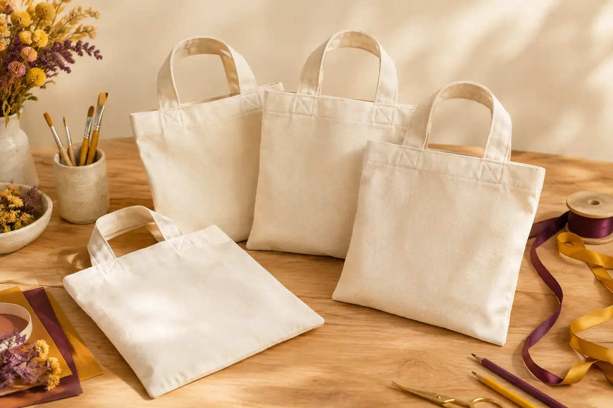 Lot de petits sacs en coton naturel écru à anses, disposés sur un fond crème et bois clair