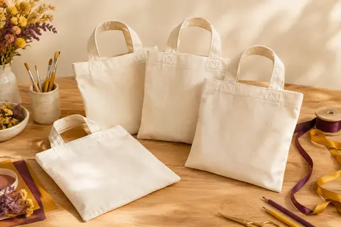 Lot de petits sacs en coton naturel écru à anses, disposés sur un fond crème et bois clair