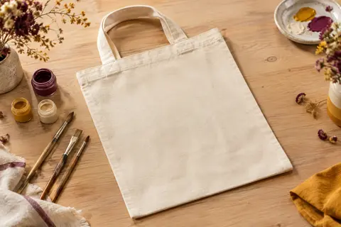 Sac cabas en coton naturel non imprimé avec deux anses courtes, présenté avec des fournitures de décoration textile.