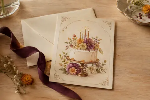 Affiche d’anniversaire A4 au style rétro posée sur du bois clair avec une enveloppe crème.