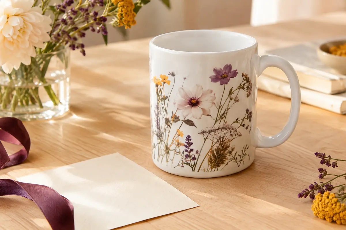 Mug blanc en céramique personnalisé avec un motif botanique, posé sur une table en bois clair.