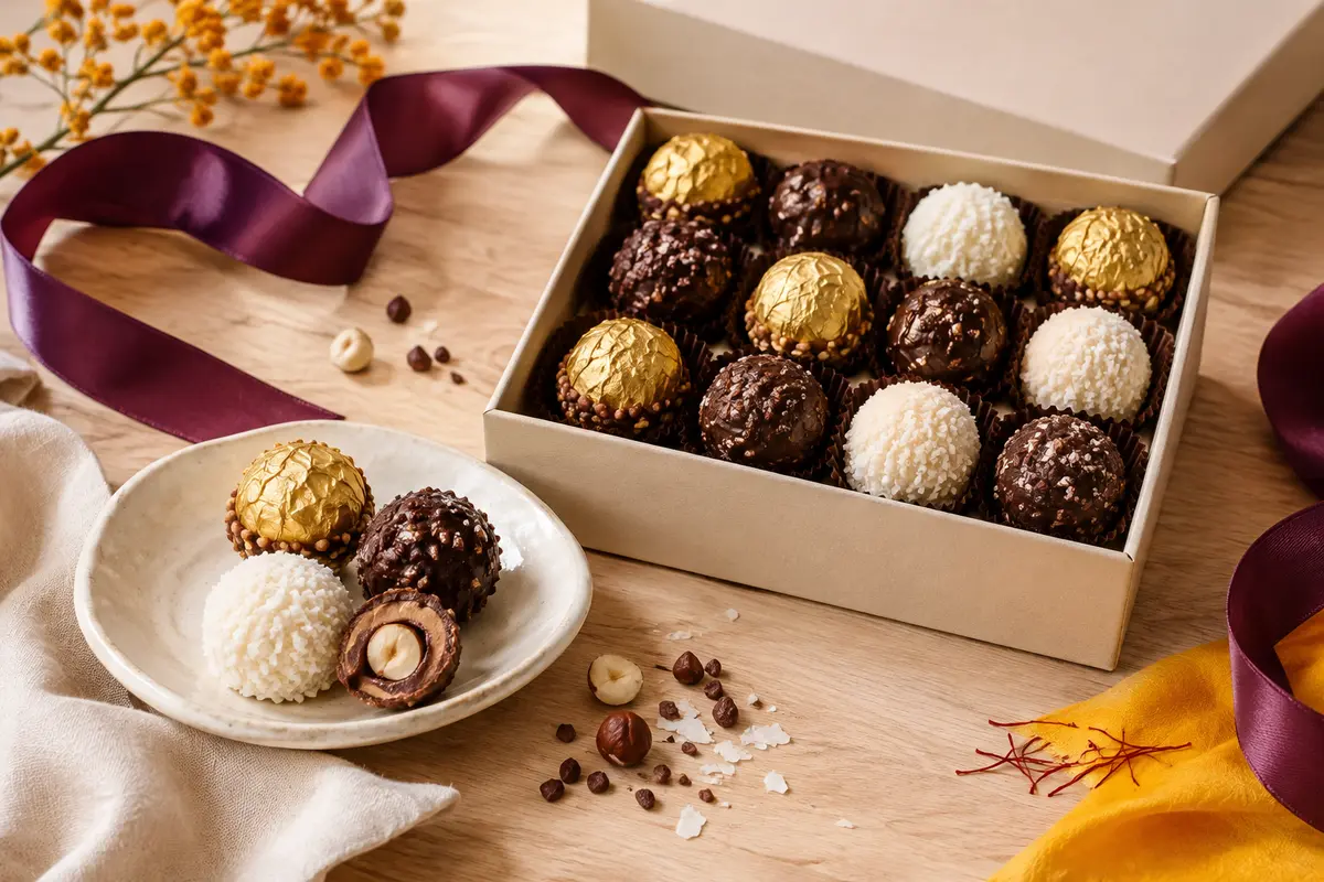 Assortiment de chocolats individuels aux saveurs de noisette, cacao et noix de coco, sur fond crème et bois clair.