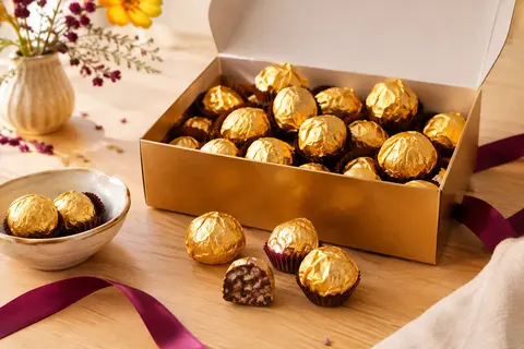 Boîte ouverte de rochers au chocolat emballés dans un papier doré, disposés sur un fond crème et bois clair.